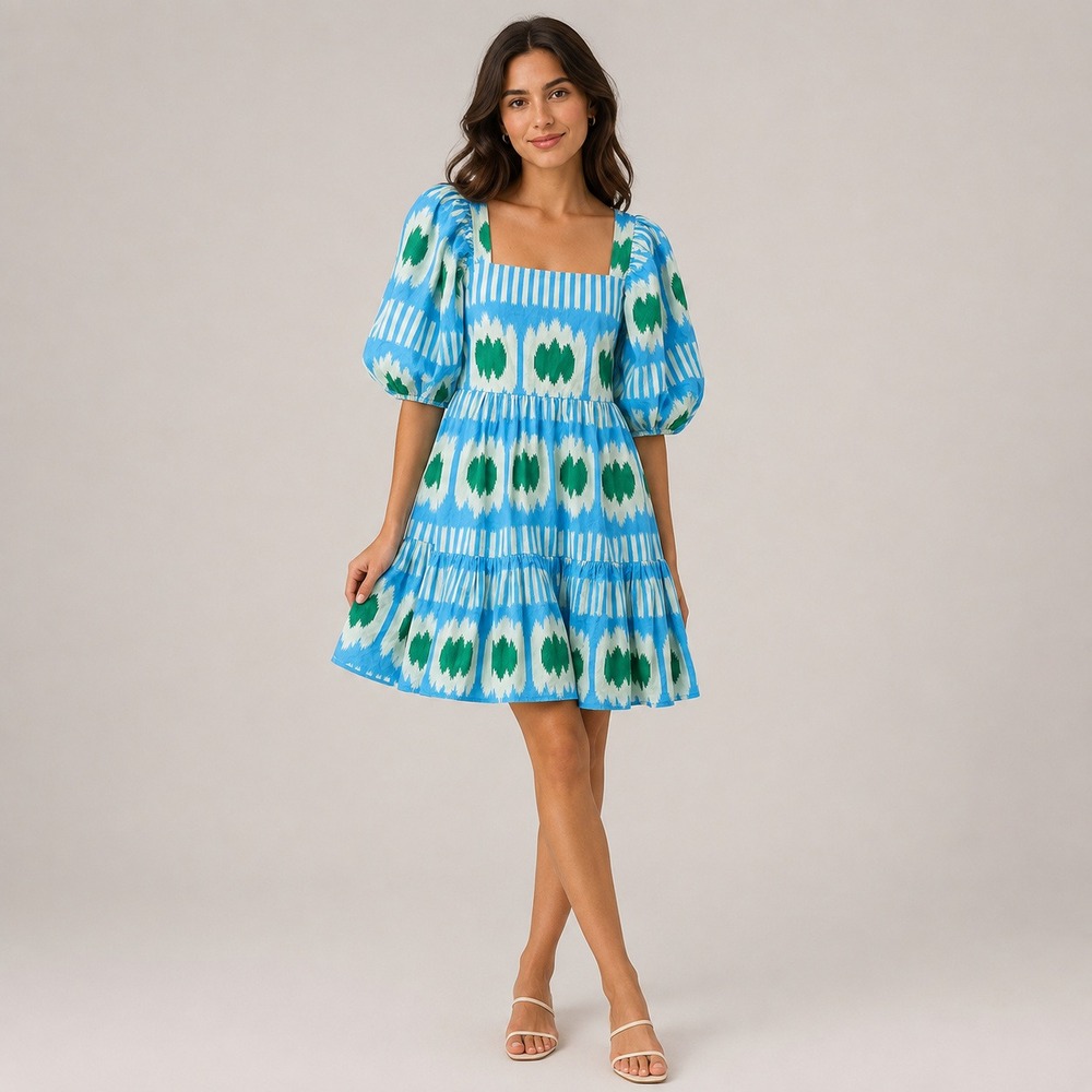 Oliphant Blue Green Ikat Cotton Puff Sleeve Tiered Mini Dress Smocked Back S